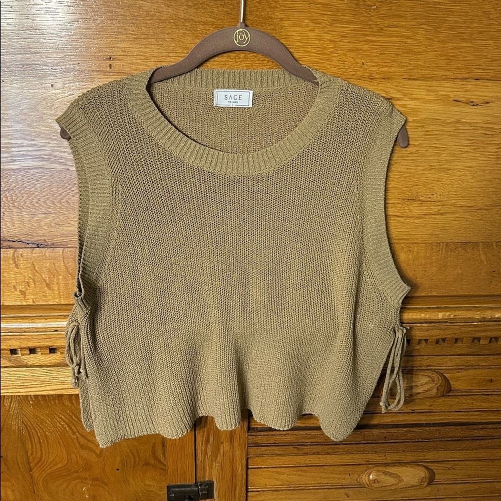 Boho‎ Light Academia Tan Knit Sweater Vest Side Tie Cropped Sleeveless Top